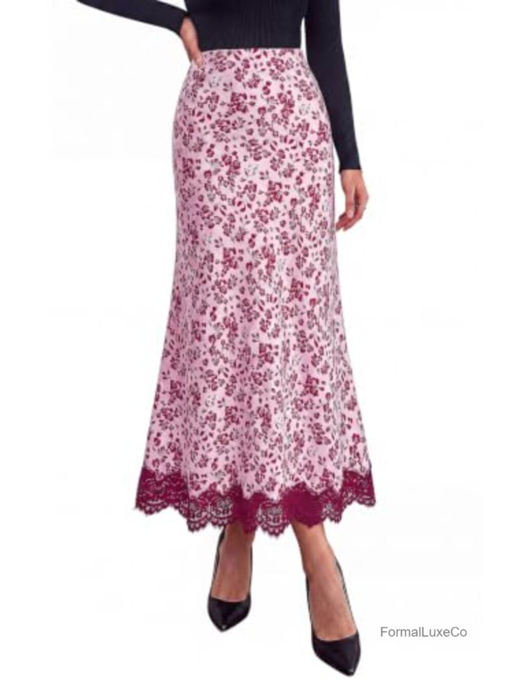 Satin Silk A-Line Midi Skirt High Waist Lace Trim Flowy Fall Night Out